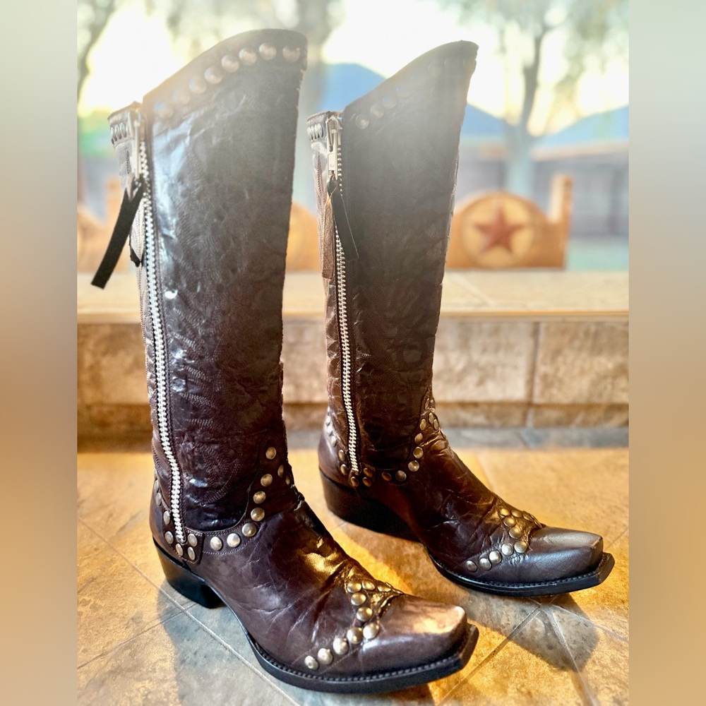 Old Gringo Studded Tall Western Boots Womens 7B Brown Leather Snip Toe Knee High